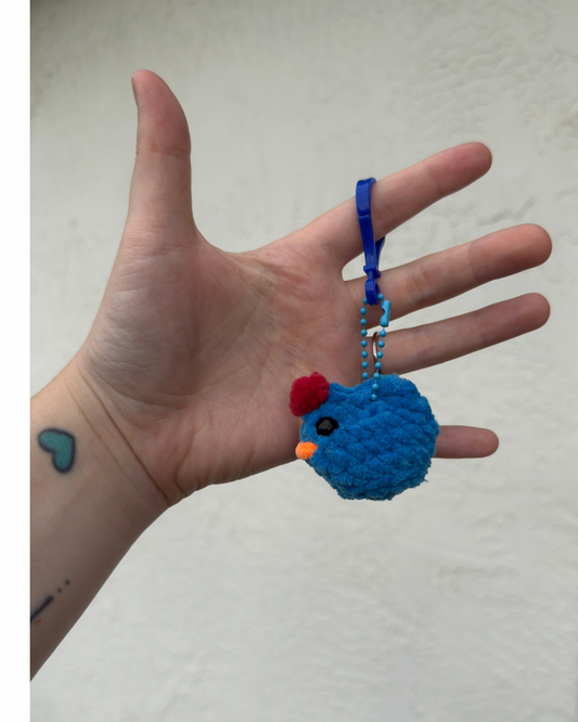 Handmade Blue Chicken Keychain Plush | Mini Crochet Farm Friend Charm