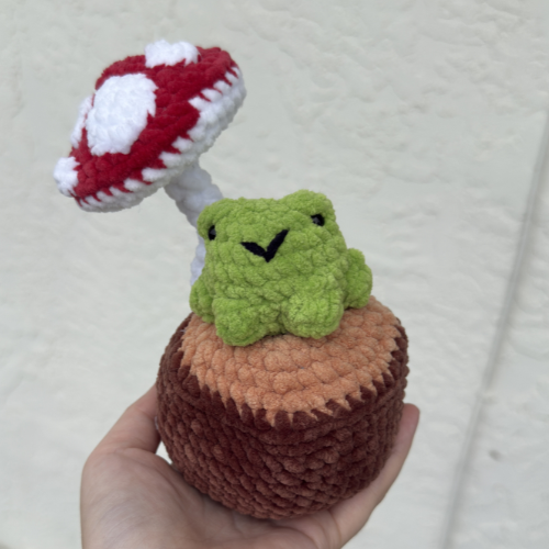 Handmade Frog on a Log Crochet Plush | Cozy Forest Amigurumi Scene